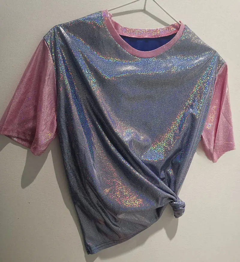 Women Sparkling T-Shirt Purple Pink Reflective Loose Fit