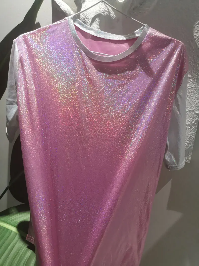 Women Sparkling T-Shirt Purple Pink Reflective Loose Fit
