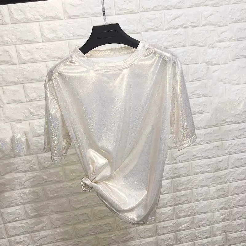 Women Sparkling T-Shirt Purple Pink Reflective Loose Fit