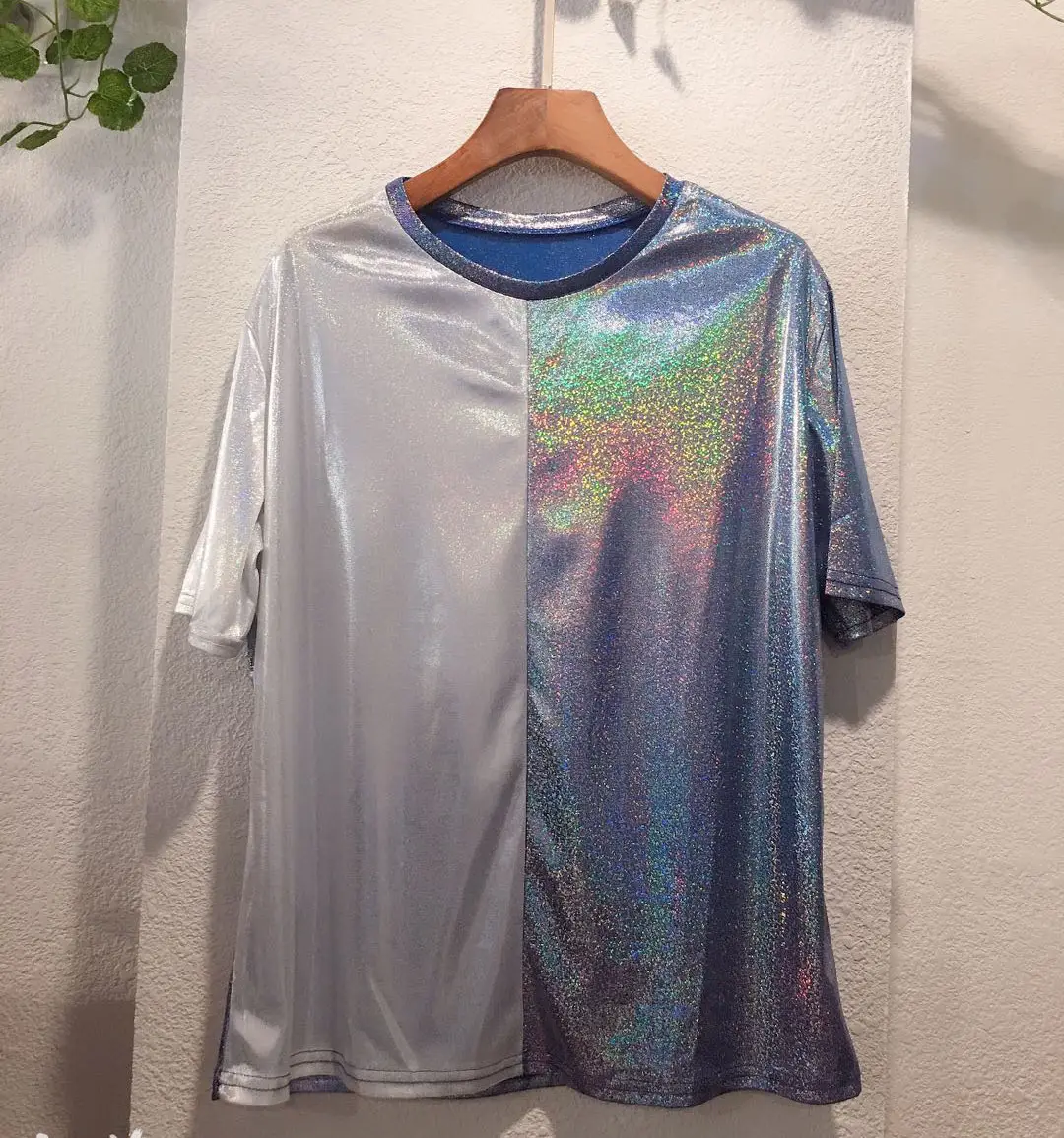 Women Sparkling T-Shirt Purple Pink Reflective Loose Fit