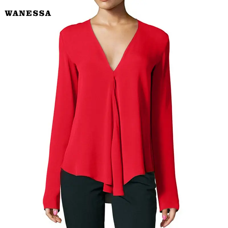 Women's V-Long Sleeve Chiffon Top Teal Large - Image 7