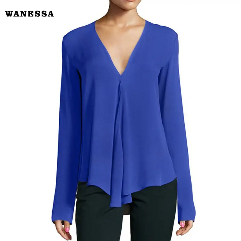 Women's V-Long Sleeve Chiffon Top Teal Large - Image 8