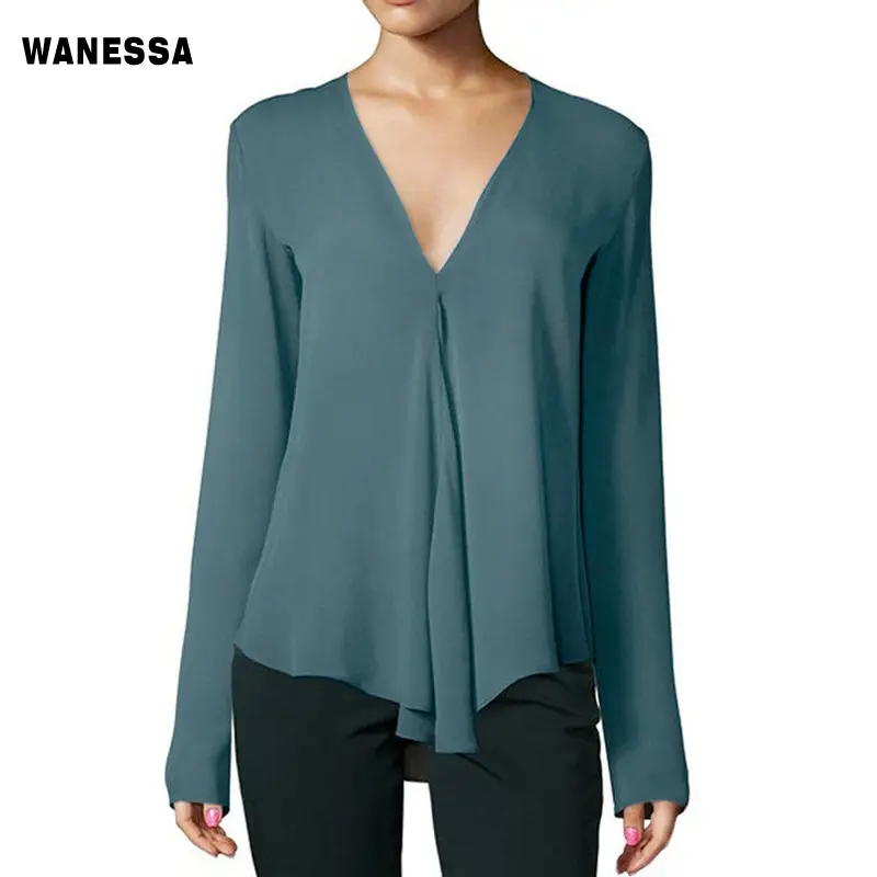Women's V-Long Sleeve Chiffon Top Teal Large - Image 9