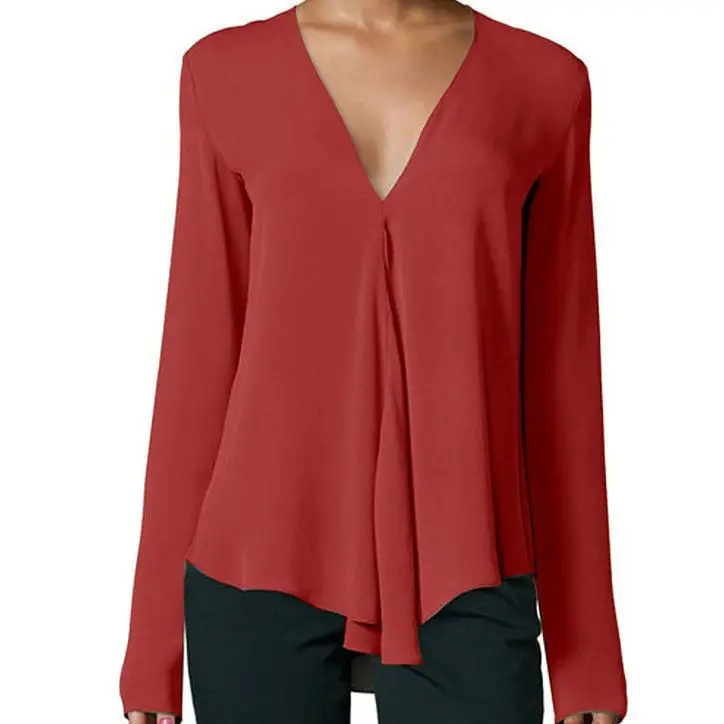 Women's V-Long Sleeve Chiffon Top Teal Large - Image 10
