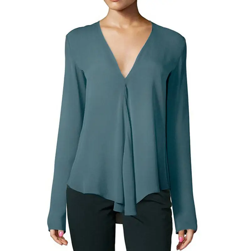Women's V-Long Sleeve Chiffon Top Teal Large — feature 6