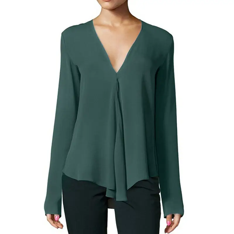 Women's V-Long Sleeve Chiffon Top Teal Large — feature 7