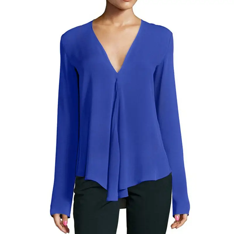 Women's V-Long Sleeve Chiffon Top Teal Large - Image 3