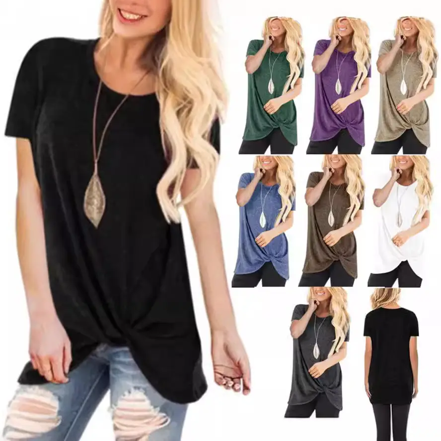 Women Hot Knotted Round Neck Top T-Shirt Grey