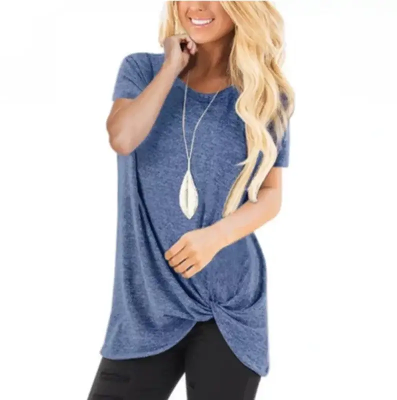 Women Hot Knotted Round Neck Top T-Shirt Grey