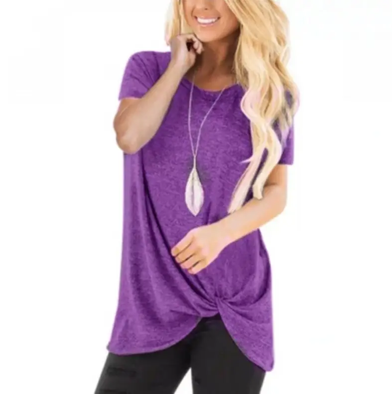 Women Hot Knotted Round Neck Top T-Shirt Grey