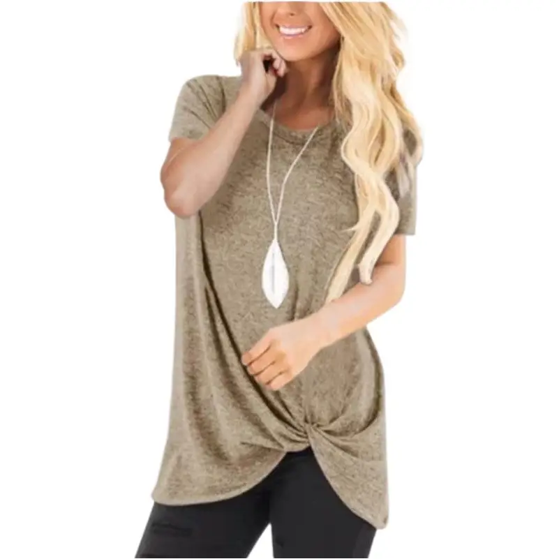 Women Hot Knotted Round Neck Top T-Shirt Grey