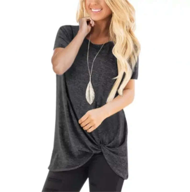 Women Hot Knotted Round Neck Top T-Shirt Grey