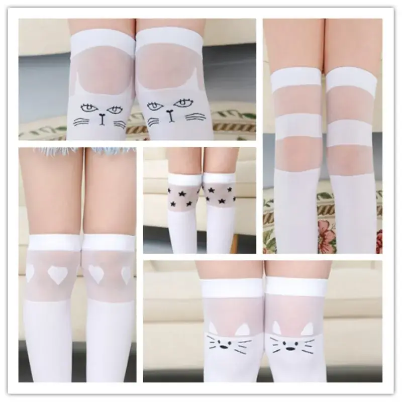 White Cat Print Velvet Knee Socks for Girls - Image 23