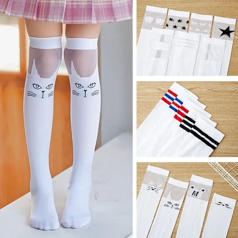 White Cat Print Velvet Knee Socks for Girls