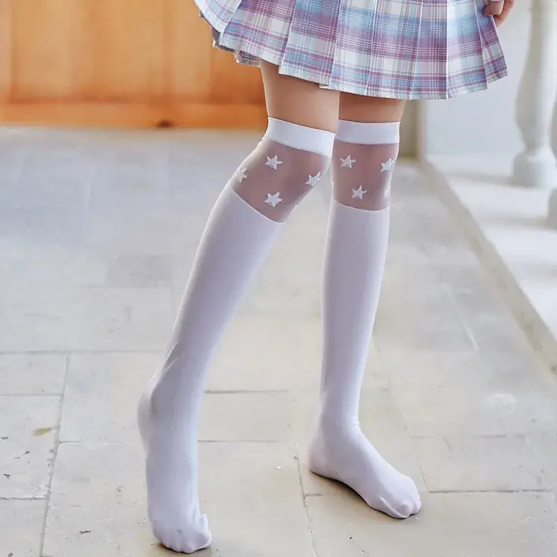 White Cat Print Velvet Knee Socks for Girls - Image 10