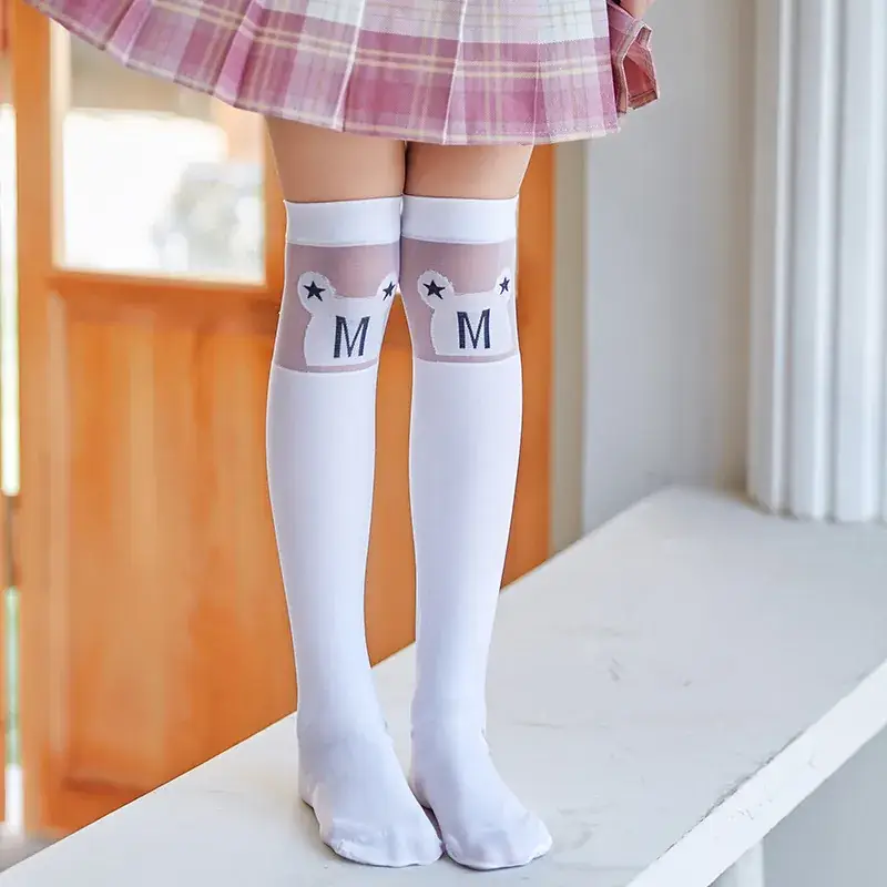 White Cat Print Velvet Knee Socks for Girls - Image 11