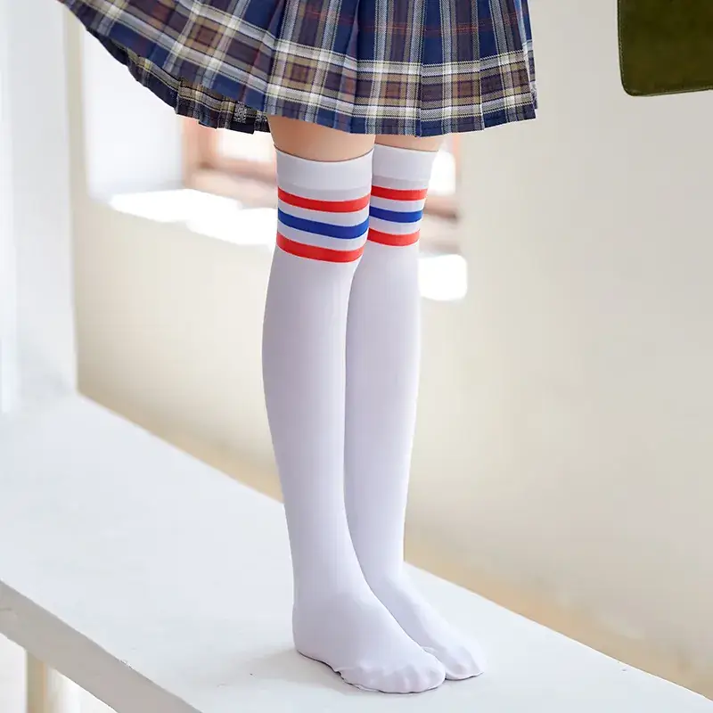 White Cat Print Velvet Knee Socks for Girls - Image 16