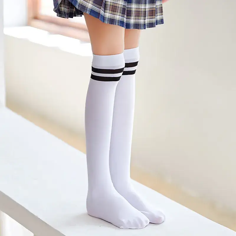 White Cat Print Velvet Knee Socks for Girls - Image 17