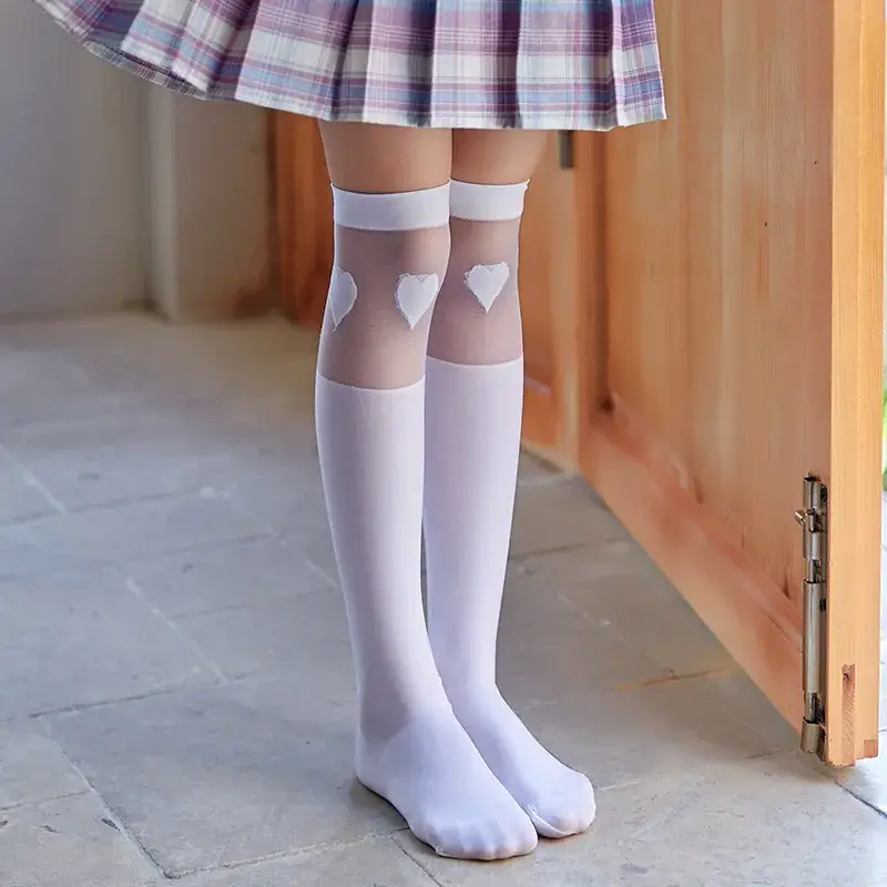 White Cat Print Velvet Knee Socks for Girls - Image 2