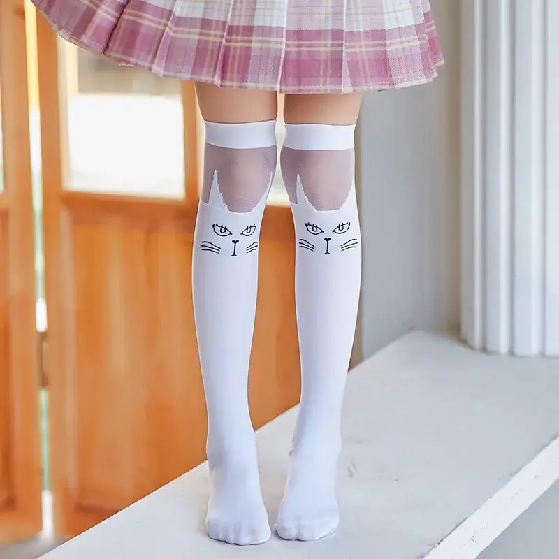 White Cat Print Velvet Knee Socks for Girls - Image 3