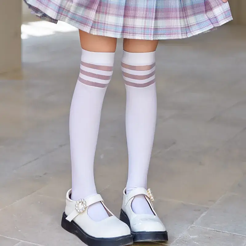 White Cat Print Velvet Knee Socks for Girls - Image 4