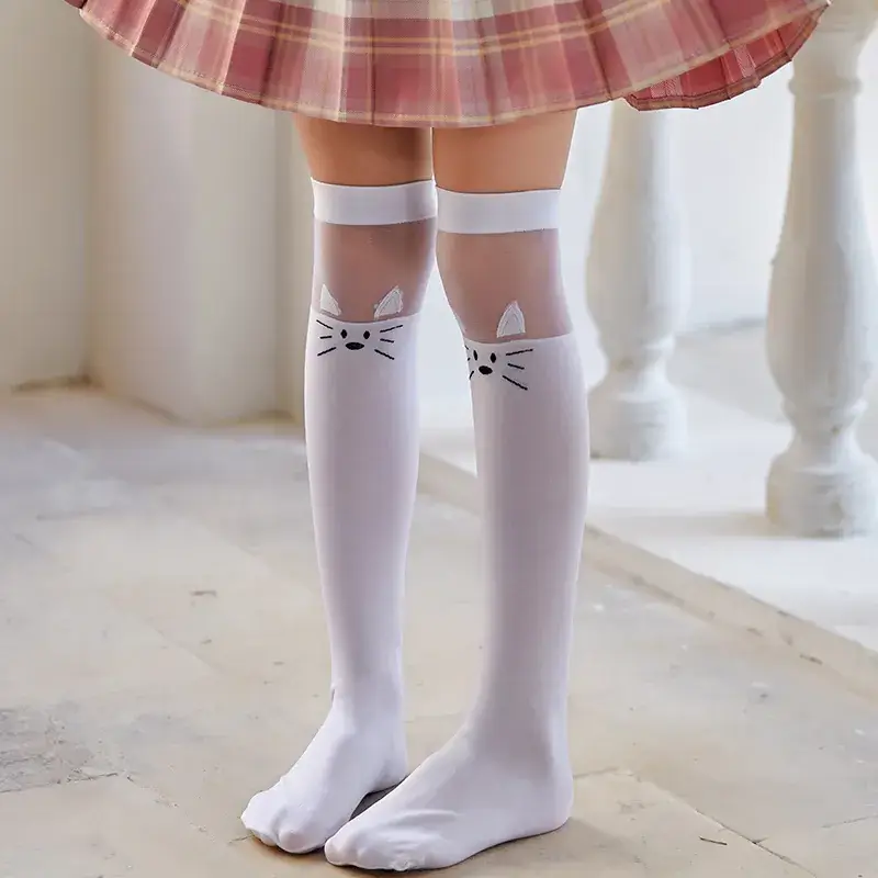 White Cat Print Velvet Knee Socks for Girls - Image 5