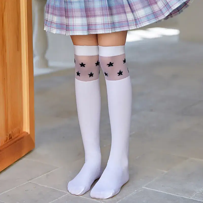 White Cat Print Velvet Knee Socks for Girls - Image 7