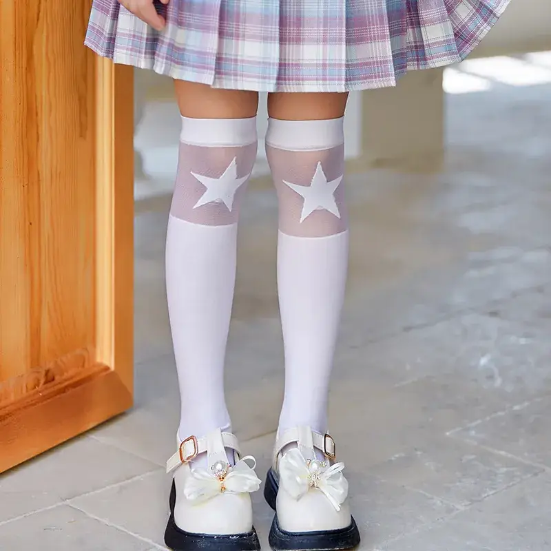 White Cat Print Velvet Knee Socks for Girls - Image 8