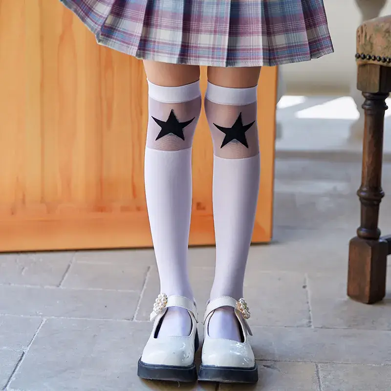 White Cat Print Velvet Knee Socks for Girls - Image 9
