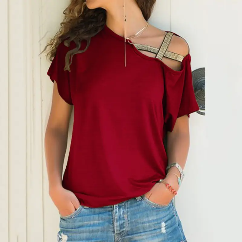 Black Sloping Shoulder Cross Asymmetrical T-Shirt Women - Image 6