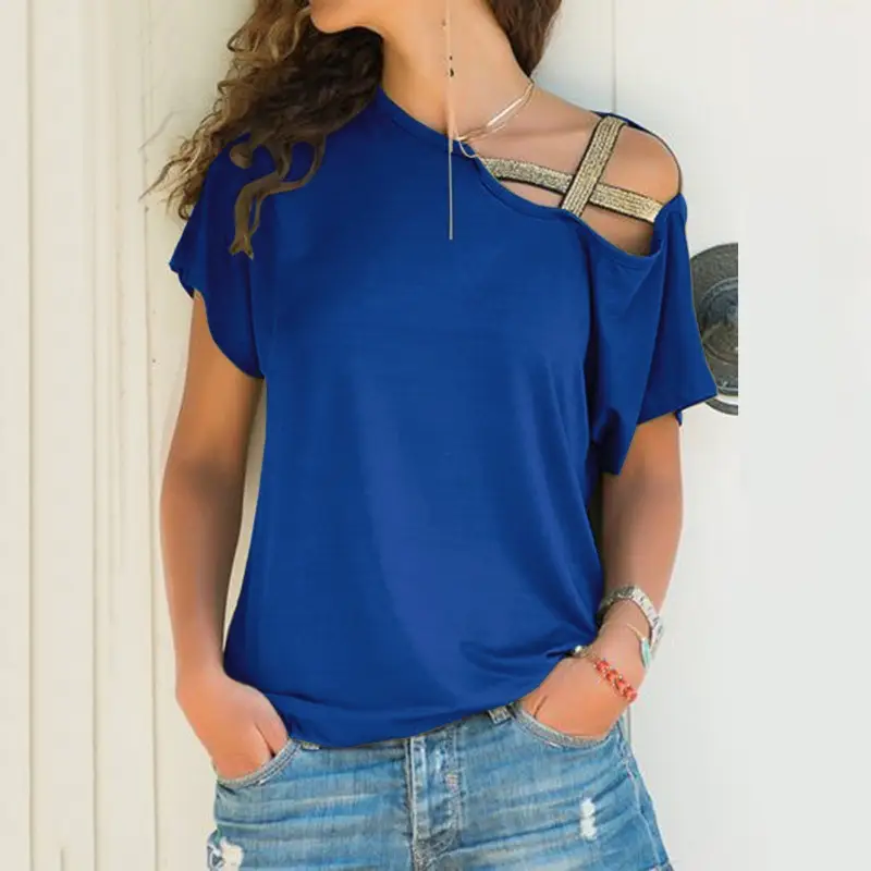 Black Sloping Shoulder Cross Asymmetrical T-Shirt Women - Image 7