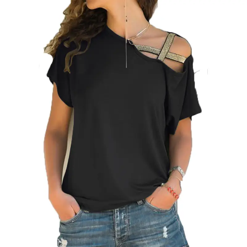 Black Sloping Shoulder Cross Asymmetrical T-Shirt Women - Image 32