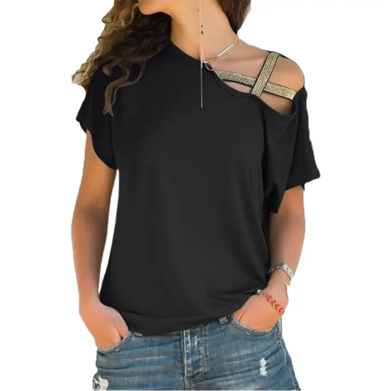 Black Sloping Shoulder Cross Asymmetrical T-Shirt Women