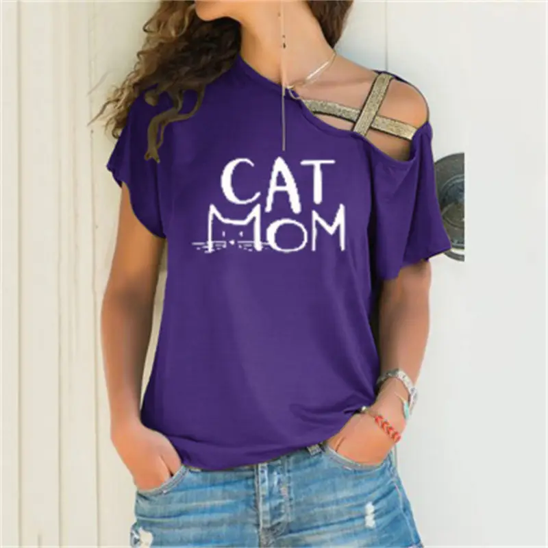 Black Sloping Shoulder Cross Asymmetrical T-Shirt Women - Image 10