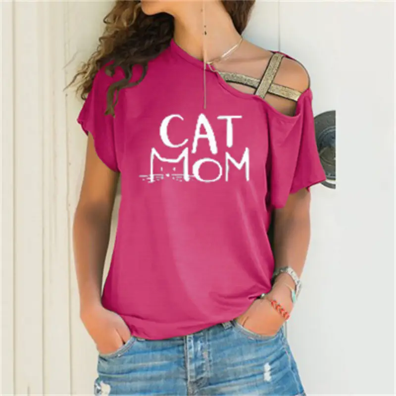 Black Sloping Shoulder Cross Asymmetrical T-Shirt Women - Image 12