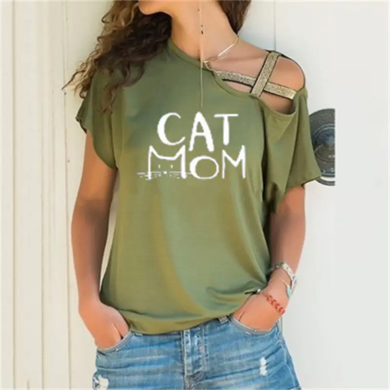 Black Sloping Shoulder Cross Asymmetrical T-Shirt Women - Image 13