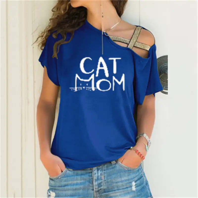 Black Sloping Shoulder Cross Asymmetrical T-Shirt Women - Image 15
