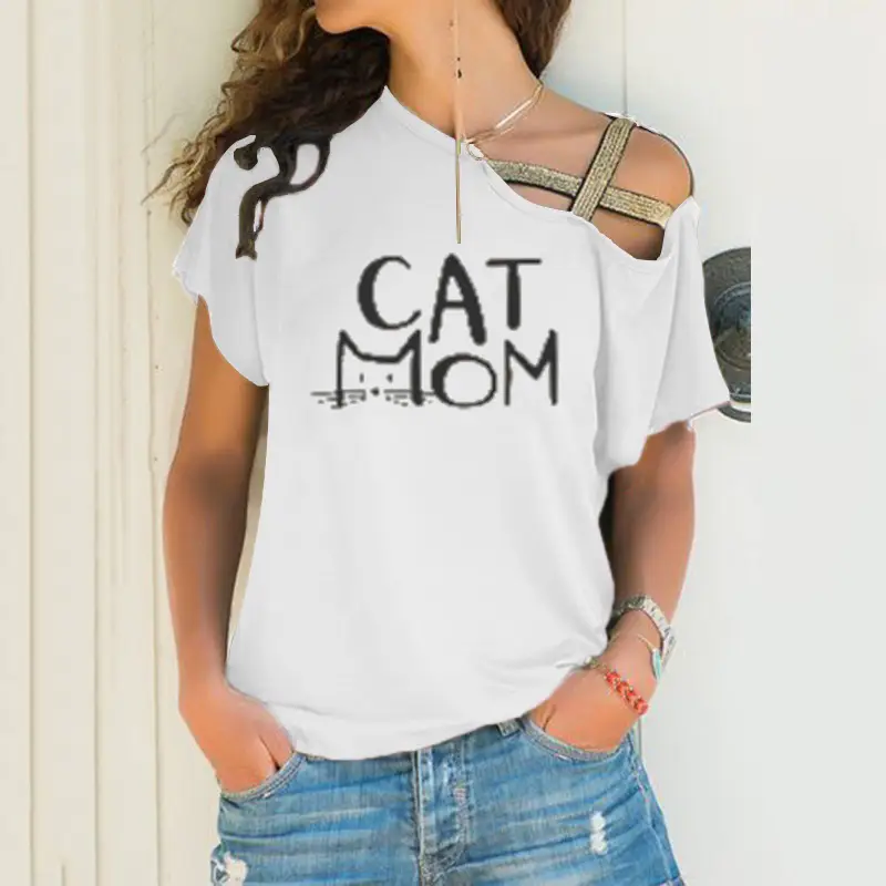 Black Sloping Shoulder Cross Asymmetrical T-Shirt Women - Image 16