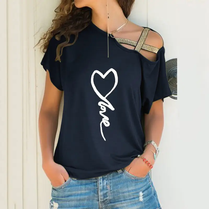 Black Sloping Shoulder Cross Asymmetrical T-Shirt Women - Image 17