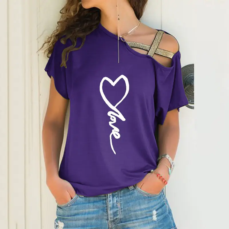 Black Sloping Shoulder Cross Asymmetrical T-Shirt Women - Image 18