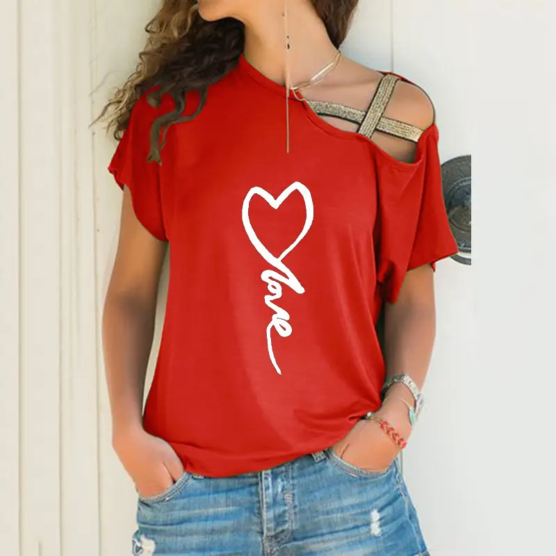 Black Sloping Shoulder Cross Asymmetrical T-Shirt Women - Image 19
