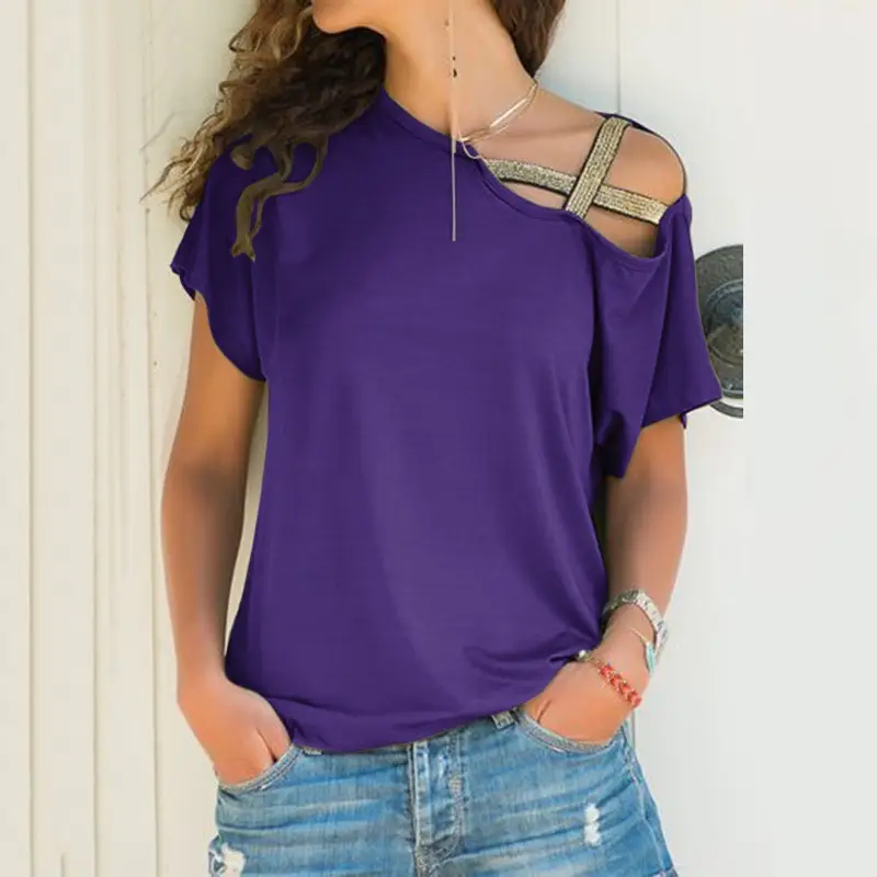 Black Sloping Shoulder Cross Asymmetrical T-Shirt Women - Image 2