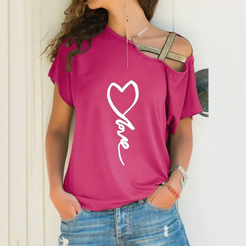 Black Sloping Shoulder Cross Asymmetrical T-Shirt Women - Image 20