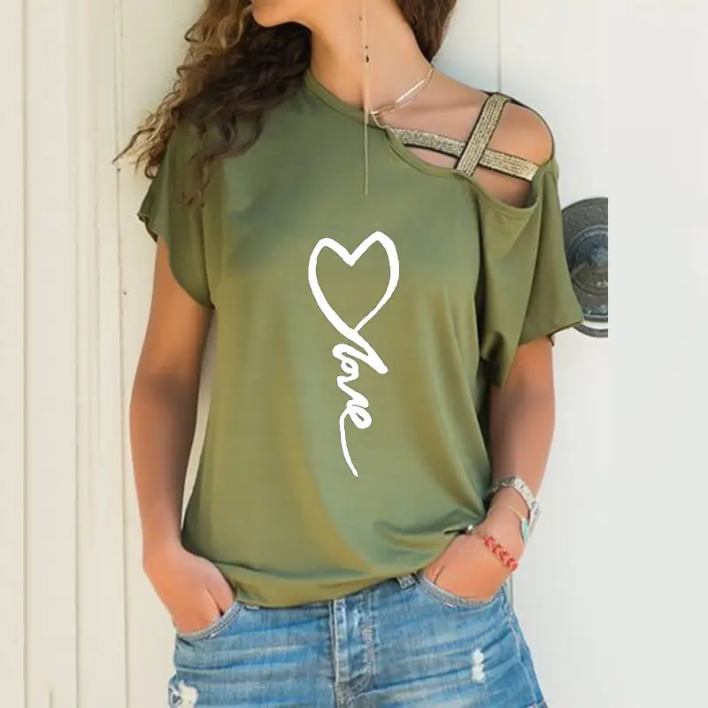 Black Sloping Shoulder Cross Asymmetrical T-Shirt Women - Image 21