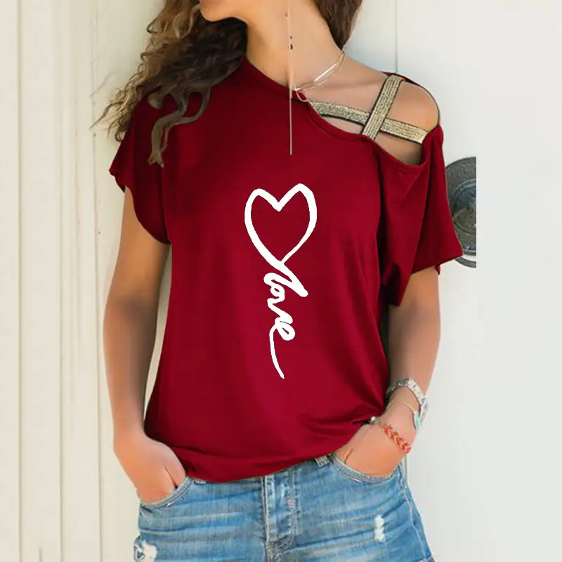 Black Sloping Shoulder Cross Asymmetrical T-Shirt Women - Image 22