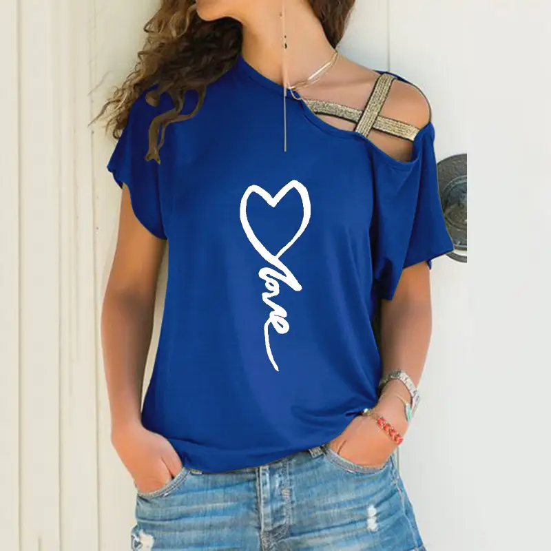 Black Sloping Shoulder Cross Asymmetrical T-Shirt Women - Image 23