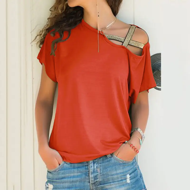 Black Sloping Shoulder Cross Asymmetrical T-Shirt Women - Image 3