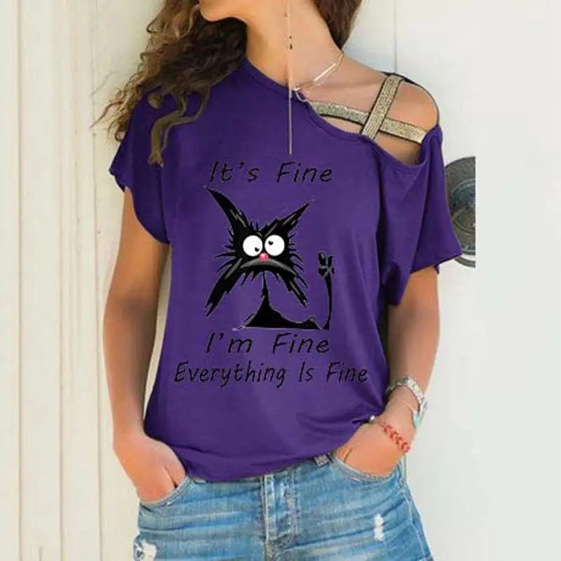 Black Sloping Shoulder Cross Asymmetrical T-Shirt Women - Image 24