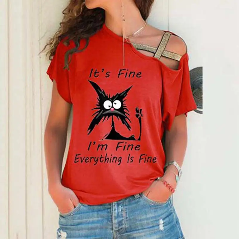 Black Sloping Shoulder Cross Asymmetrical T-Shirt Women - Image 25