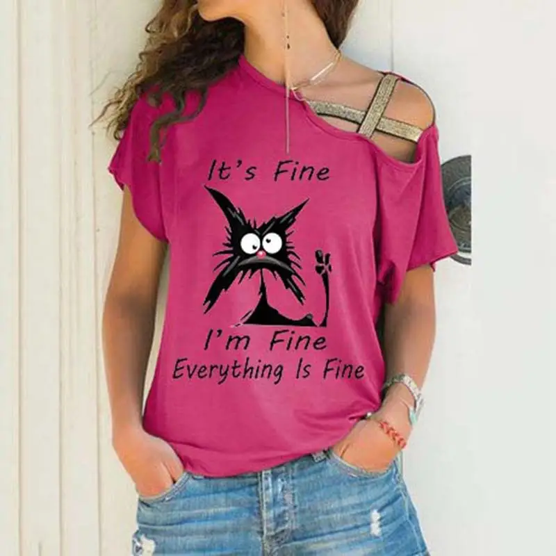 Black Sloping Shoulder Cross Asymmetrical T-Shirt Women - Image 26